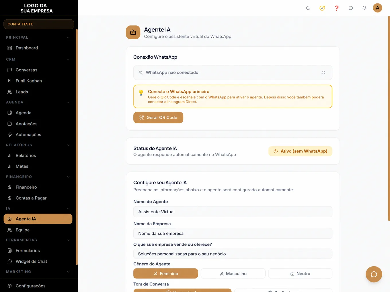 Tela real de configuração do Agente IA do Maestro CRM